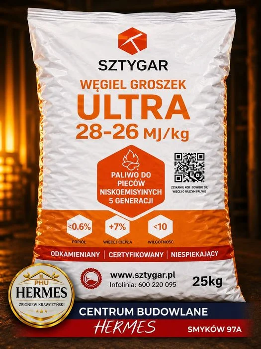 GROSZEK workowany SZTYGAR ULTRA 28 MJ Certyfikat EKO Gold Premium Hermes Węgiel Pellet