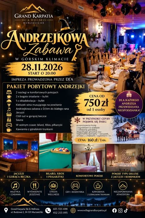 Magiczne Andrzejki w Górach 2026 – Zabawa z DJ-em + SPA + Noclegi