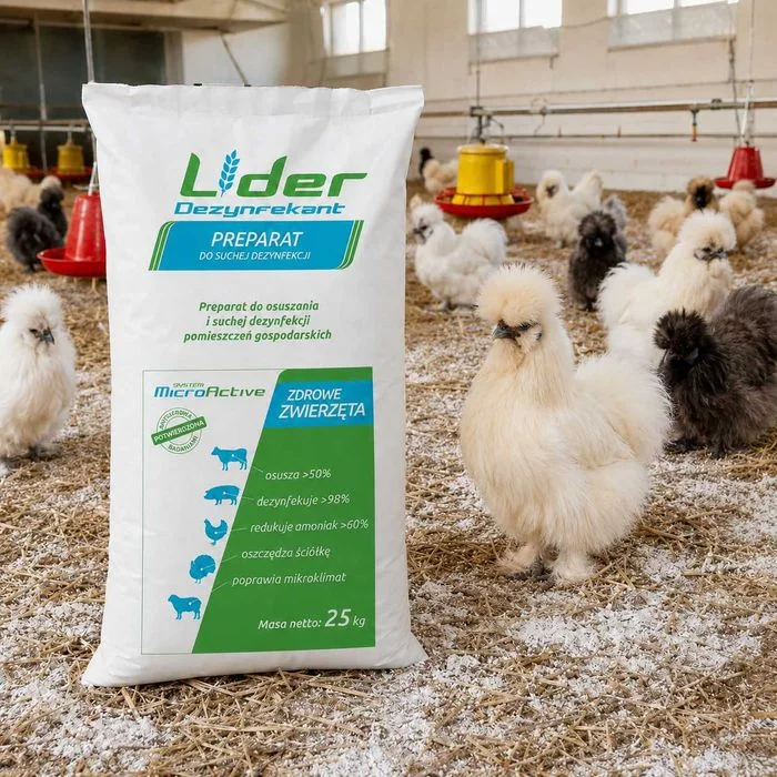 Dezynfekant Lider 25 kg – sucha dezynfekcja kurnika, obory, stajni, osuszanie ściółki bezpieczna dla zwierząt, nie podrażnia – zdjęcie 2