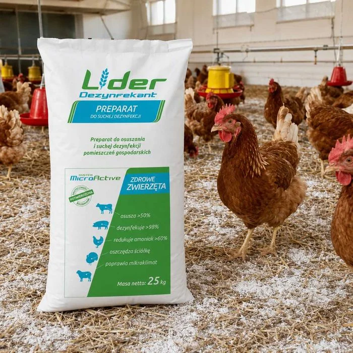 Dezynfekant Lider 25 kg – sucha dezynfekcja kurnika, obory, stajni, osuszanie ściółki bezpieczna dla zwierząt, nie podrażnia – zdjęcie 4