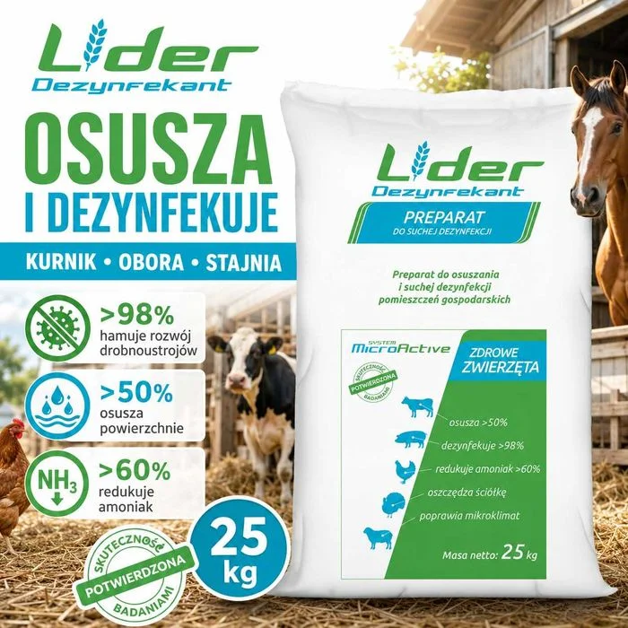 Dezynfekant Lider 25 kg – sucha dezynfekcja kurnika, obory, stajni, osuszanie ściółki bezpieczna dla zwierząt, nie podrażnia – zdjęcie 4