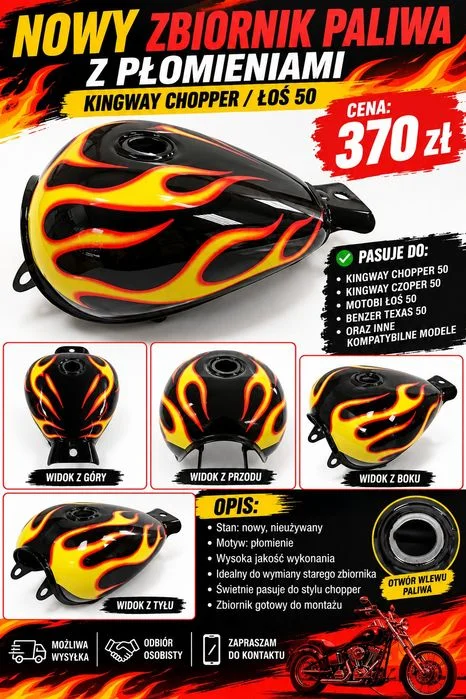 Nowy zbiornik paliwa z płomieniami kingway chopper / łoś 50