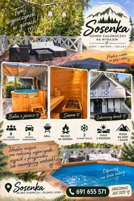 Całoroczny domek w Sosnówce - góry, balia z jacuzzi, sauna i wyjątkowy widok.