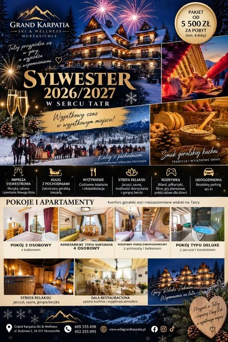 Sylwester 2026/2027 w Tatrach Bal z DJ Kulig Jacuzzi Sauna Wyżywienie