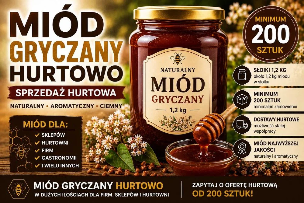 Miód gryczany hurtowo 1,2 kg – Miód w słoikach – Dla sklepów, firm i hurtowni – min. 200 szt.