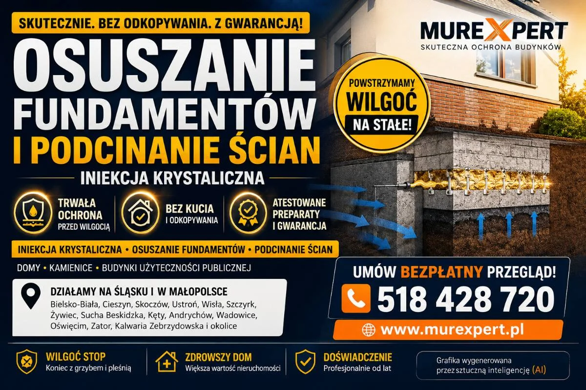 Iniekcja krystaliczna, osuszanie fundamentów i podcinanie ścian - skutecznie Śląsk/Małopolska