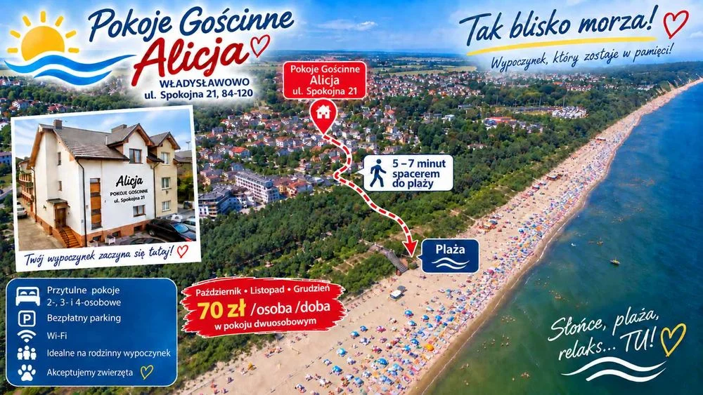 Noclegi Władysławowo, blisko plaży, 250 metrów, ulica Spokojna.