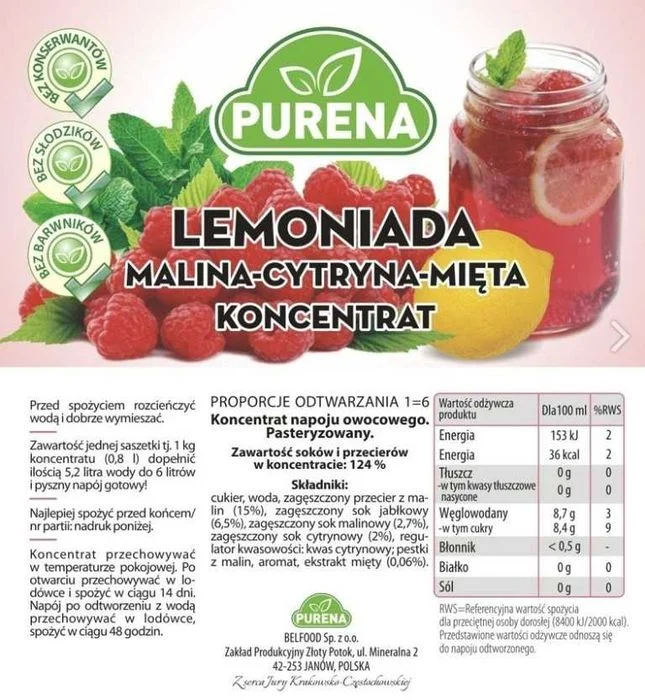 PURENA Lemoniada Malina Cytryna Mięta 1kg/6L – zdjęcie 2