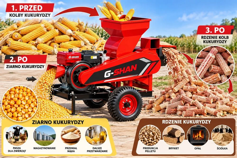 Łuszczarka Młocarnia do kukurydzy G-SHAN 15 KM – 4500 kg/h – Separator ziarna i rdzeni