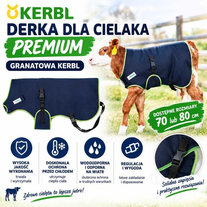 Derka dla cielaka PREMIUM granatowa Kerbl, 70 lub 80 cm