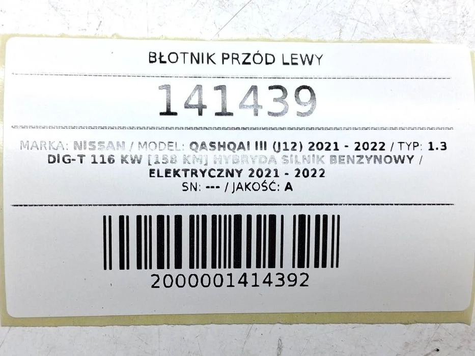 Błotnik Przód Lewy Nissan Qashqai Iii J12 Oryginał Nbq – zdjęcie 11