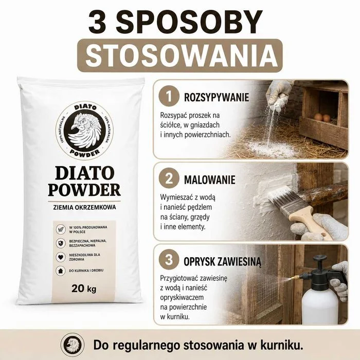 Ziemia Okrzemkowa DIATO POWDER 20 kg Kurnik Kury Drób Ptaszyniec Higiena – zdjęcie 6