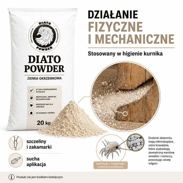 Ziemia Okrzemkowa DIATO POWDER 20 kg Kurnik Kury Drób Ptaszyniec Higiena – zdjęcie 4