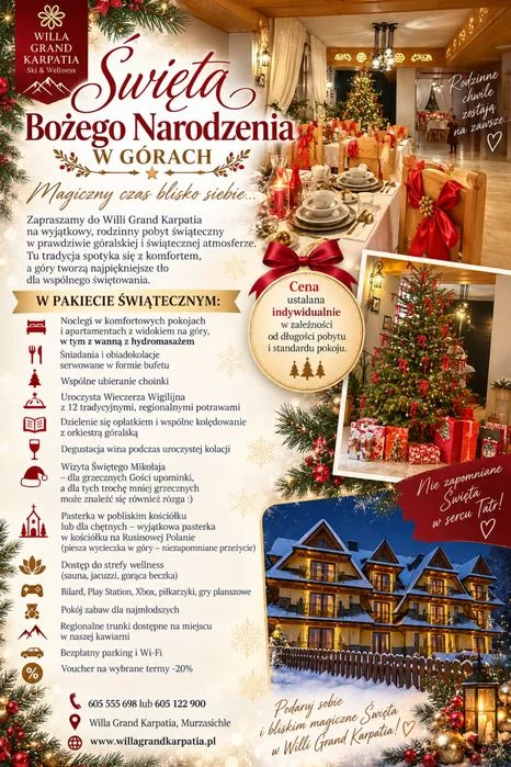 Święta Bożego Narodzenia w górach-uroczysta wigilia, orkiestra, kulig!