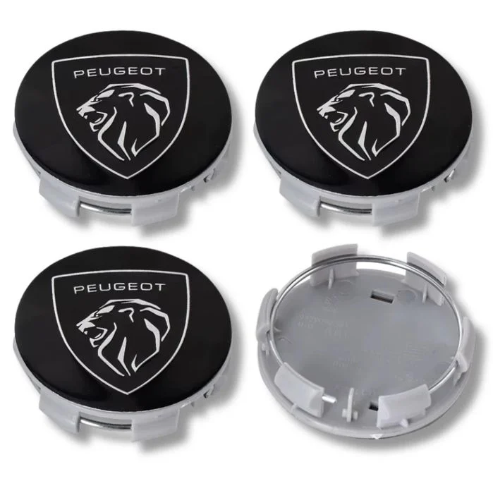 NOWE Dekielki 60mm PEUGEOT komplet 4szt. dekle zaślepki kapsle czarne kołpaczki zestaw