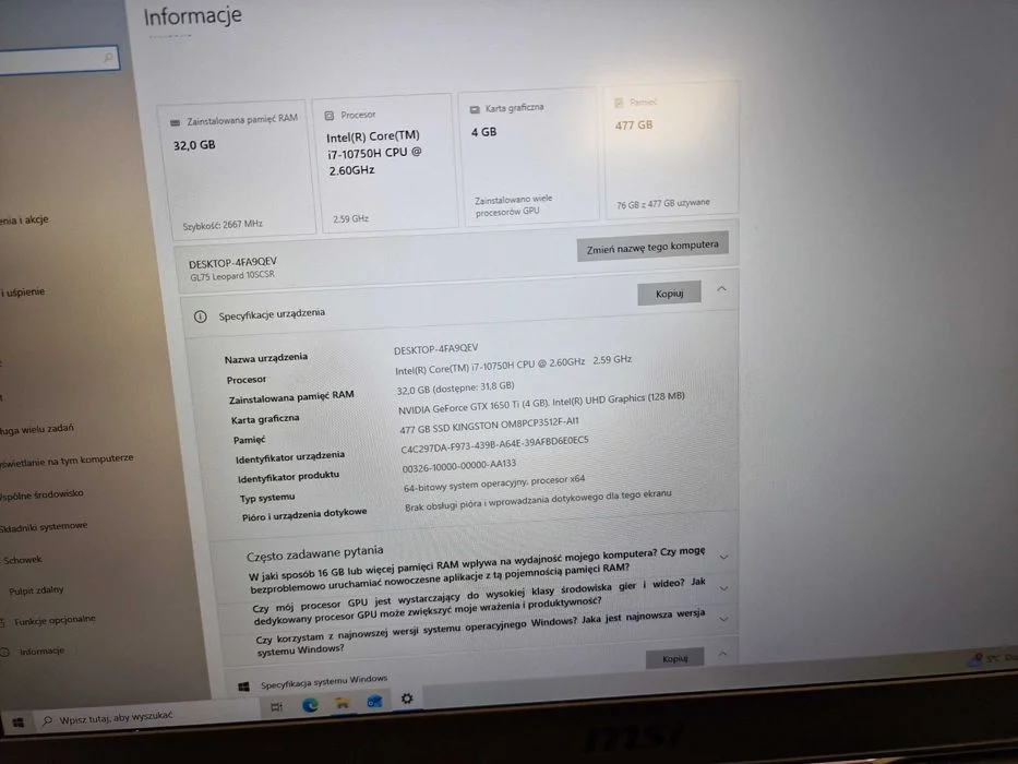 MSI GL75 LEOPARD/ i7-10750H/ 32GB RAM DDR4 2666 MHz/ 512GB/ GTX 1650 Ti 4G 17.3/ Gwarancja/ NOWA PASTA – zdjęcie 10