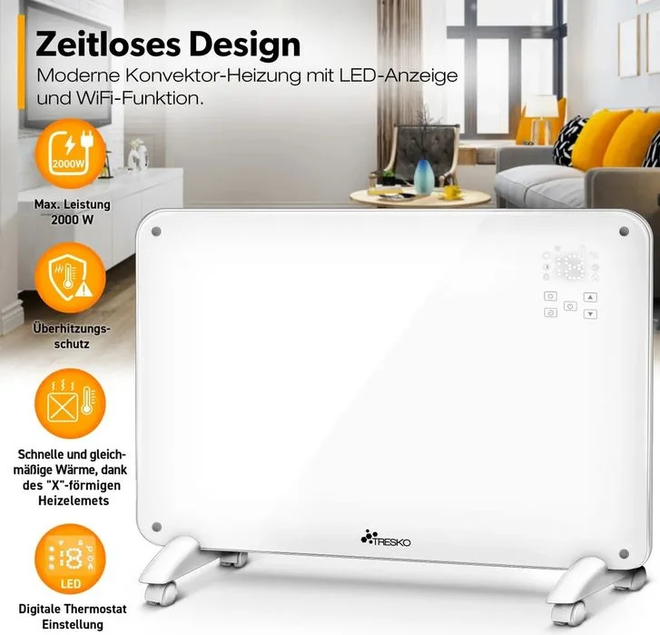 Konwektor szklany 2000 W grzejnik + WiFi biały Tresko – zdjęcie 2
