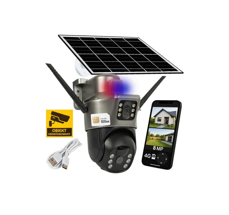 KAMERA Solarna ALARM Zewnętrzna Obrotowa 4G LTE SIM 8MP Akumulator 2 Obiektywy PTZ Monitoring Działka Dom Parking Plac Budowy