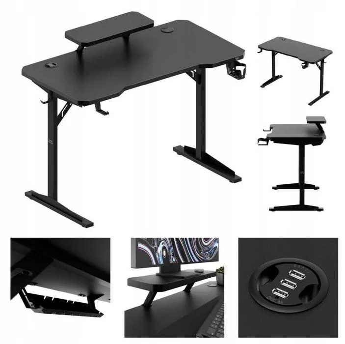 Nowe Biurko Gamingowe Komputerowe 115x60 Cm Z Nadstawką Na Monitor 3xUSB Uchwyt Na Słuchawki Kubek Czarne Do Gracza – zdjęcie 4