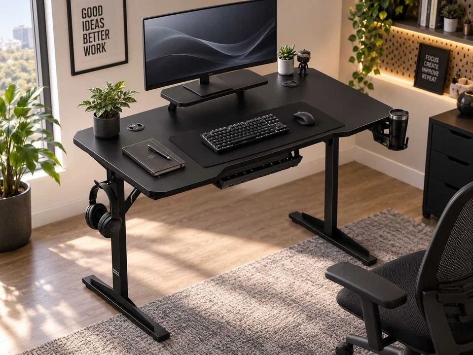 Nowe Biurko Gamingowe Komputerowe 115x60 Cm Z Nadstawką Na Monitor 3xUSB Uchwyt Na Słuchawki Kubek Czarne Do Gracza – zdjęcie 2