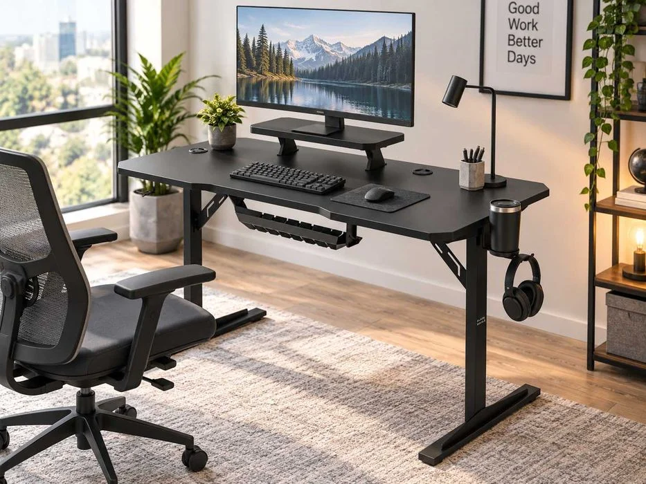 Nowe Biurko Gamingowe Komputerowe 115x60 Cm Z Nadstawką Na Monitor 3xUSB Uchwyt Na Słuchawki Kubek Czarne Do Gracza – zdjęcie 3