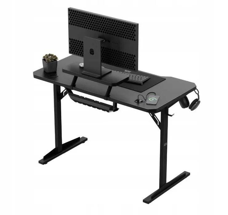 Nowe Biurko Gamingowe Komputerowe 115x60 Cm Z Nadstawką Na Monitor 3xUSB Uchwyt Na Słuchawki Kubek Czarne Do Gracza – zdjęcie 5