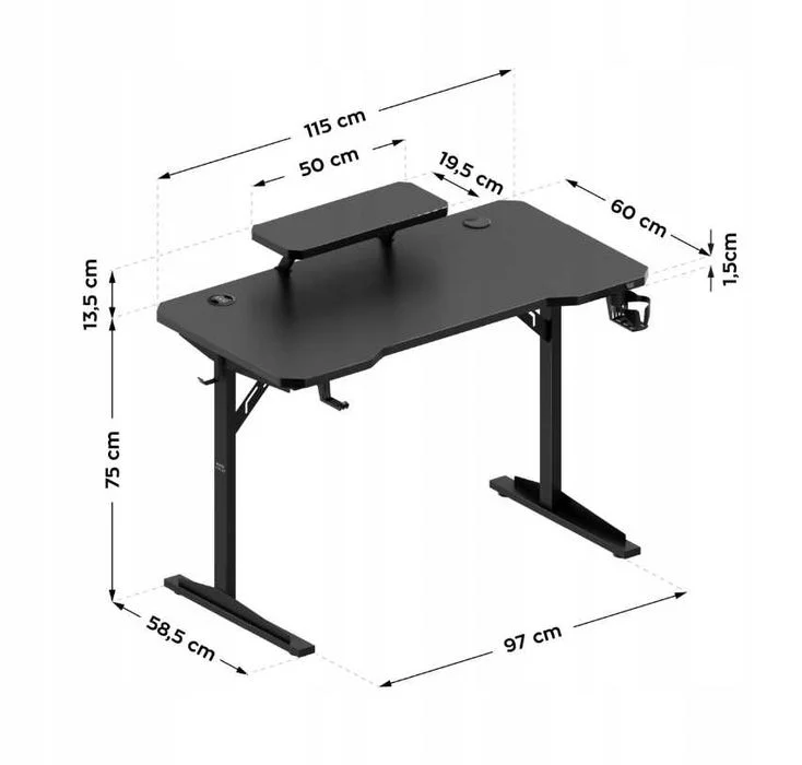 Nowe Biurko Gamingowe Komputerowe 115x60 Cm Z Nadstawką Na Monitor 3xUSB Uchwyt Na Słuchawki Kubek Czarne Do Gracza – zdjęcie 6