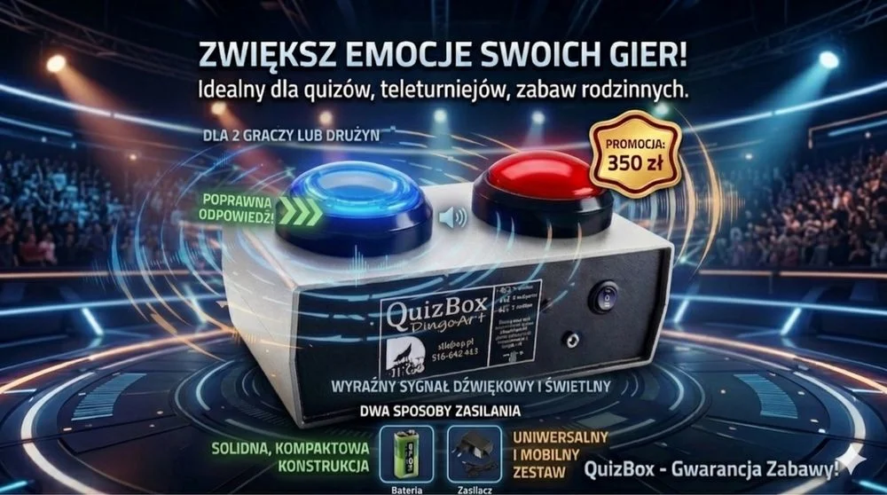 Urządzenie dla DJ do gier w stylu Familiada bateria buzer zasilacz